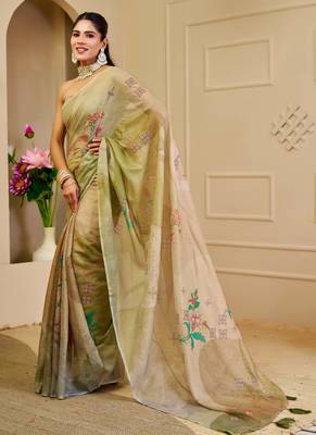 olive green shimmer handloom cotton blend digital print saree (sfshmr7) 2