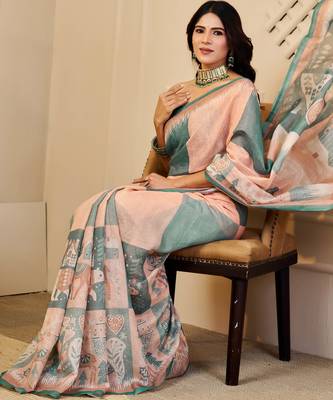 sea green peach shimmer handloom cotton blend digital print saree (sfshmr21) 4