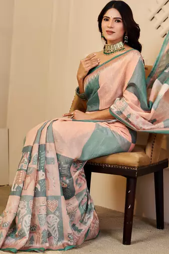 sea green peach shimmer handloom cotton blend digital print saree