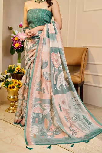 sea green peach shimmer handloom cotton blend digital print saree