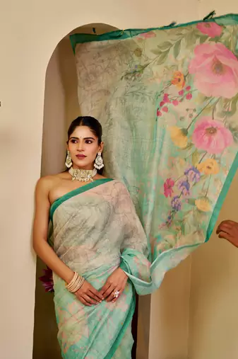 mint green shimmer handloom cotton blend saree floral border print (sfshmr10)