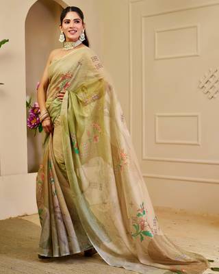 olive green shimmer handloom cotton blend digital print saree (sfshmr7) 3