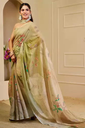 olive green shimmer handloom cotton blend digital print saree (sfshmr7)
