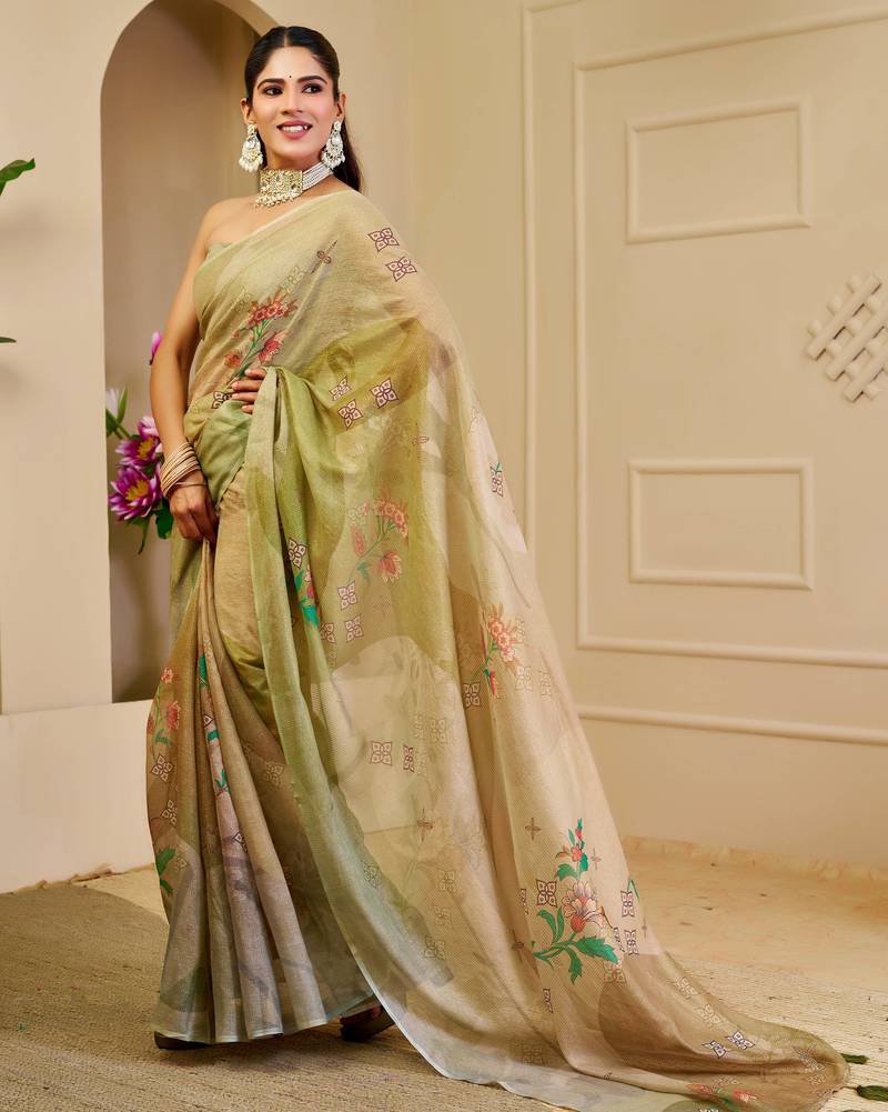 olive green shimmer handloom cotton blend digital print saree (sfshmr7)