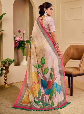 beige shimmer handloom cotton blend digital print saree (sfshmr14) 4