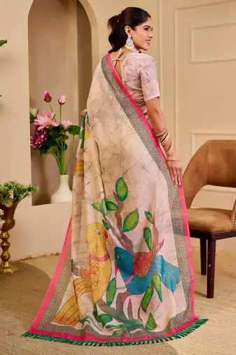 beige shimmer handloom cotton blend digital print saree