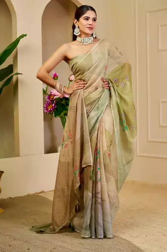 olive green shimmer handloom cotton blend digital print saree (sfshmr7)
