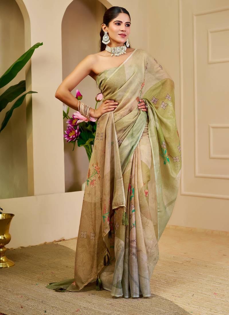olive green shimmer handloom cotton blend digital print saree (sfshmr7)