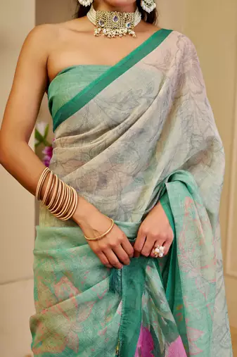 mint green shimmer handloom cotton blend saree floral border print (sfshmr10)