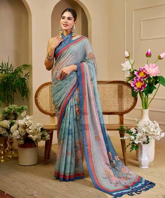 grey blue shimmer handloom cotton blend saree ombre floral border print (sfshmr2) 1