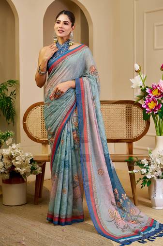 grey blue shimmer handloom cotton blend saree ombre floral border print