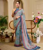 grey blue shimmer handloom cotton blend saree ombre floral border print (sfshmr2)