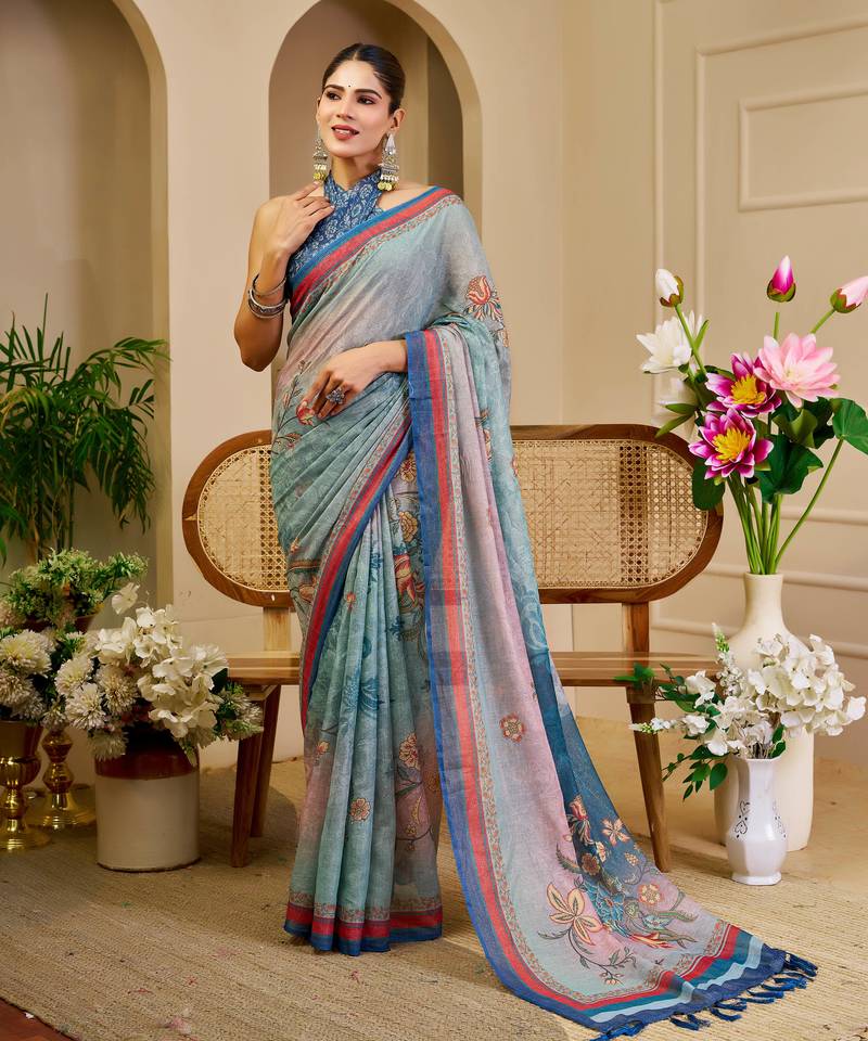 grey blue shimmer handloom cotton blend saree ombre floral border print (sfshmr2)