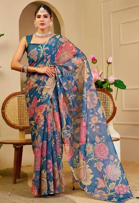 blue shimmer handloom cotton blend saree with floral bouquet print (sfshmr1) 1