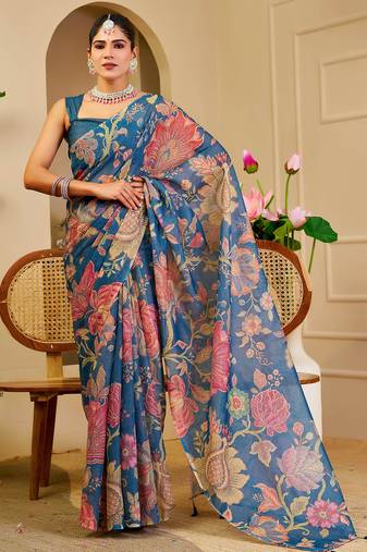 blue shimmer handloom cotton blend saree with floral bouquet print