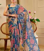 blue shimmer handloom cotton blend saree with floral bouquet print (sfshmr1)