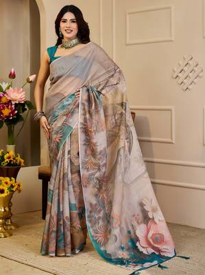 beige brown shimmer handloom cotton blend digital print saree (sfshmr4) 1
