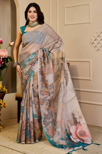 beige brown shimmer handloom cotton blend digital print saree