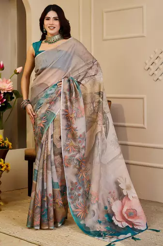 beige brown shimmer handloom cotton blend digital print saree