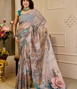 beige brown shimmer handloom cotton blend digital print saree (sfshmr4)