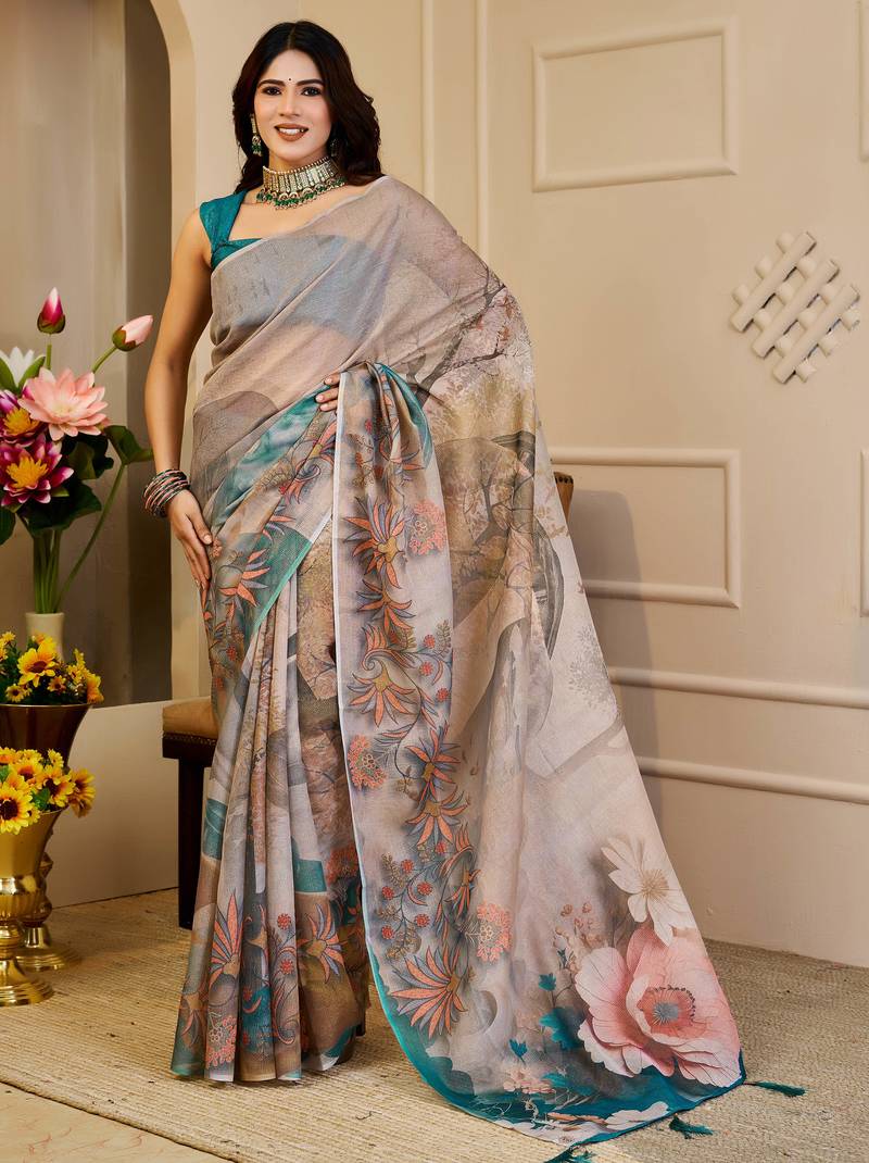 beige brown shimmer handloom cotton blend digital print saree (sfshmr4)