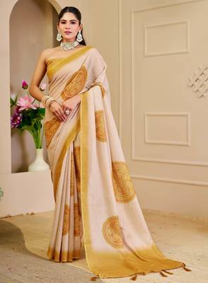 cream mustard shimmer handloom cotton blend digital print saree (sfshmr18) 1