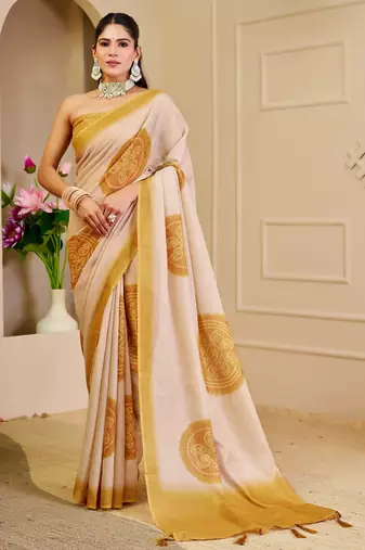 cream mustard shimmer handloom cotton blend digital print saree