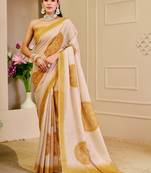 cream mustard shimmer handloom cotton blend digital print saree (sfshmr18)