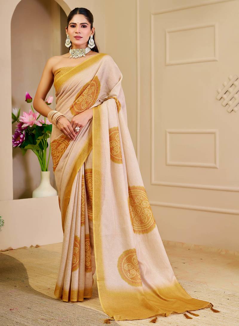 cream mustard shimmer handloom cotton blend digital print saree (sfshmr18)