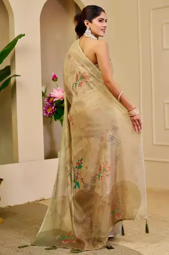 olive green shimmer handloom cotton blend digital print saree (sfshmr7)