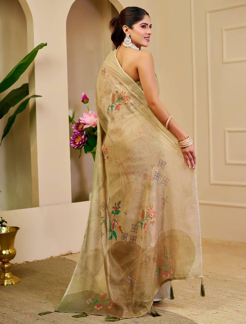 olive green shimmer handloom cotton blend digital print saree (sfshmr7)