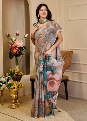 beige brown shimmer handloom cotton blend digital print saree (sfshmr4) 2