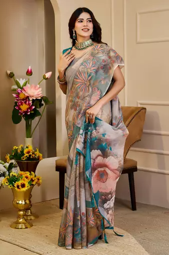 beige brown shimmer handloom cotton blend digital print saree