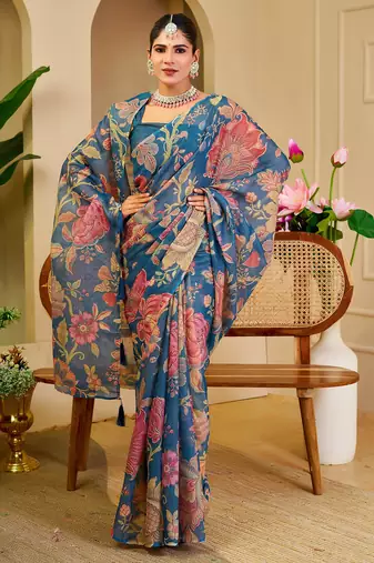blue shimmer handloom cotton blend saree with floral bouquet print