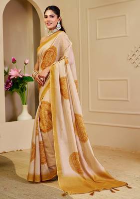 cream mustard shimmer handloom cotton blend digital print saree (sfshmr18) 2