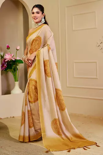 cream mustard shimmer handloom cotton blend digital print saree