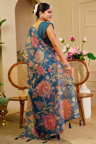 blue shimmer handloom cotton blend saree with floral bouquet print