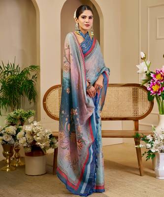 grey blue shimmer handloom cotton blend saree ombre floral border print (sfshmr2) 4