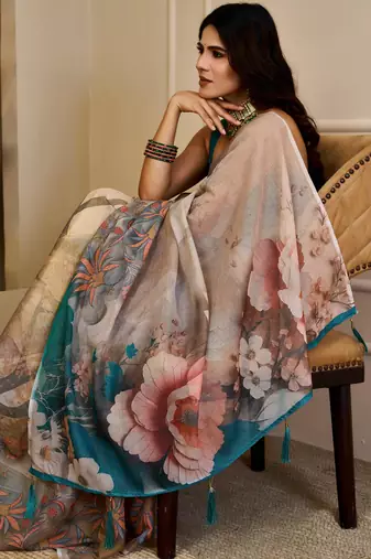 beige brown shimmer handloom cotton blend digital print saree