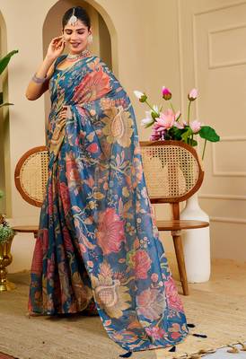 blue shimmer handloom cotton blend saree with floral bouquet print (sfshmr1) 4