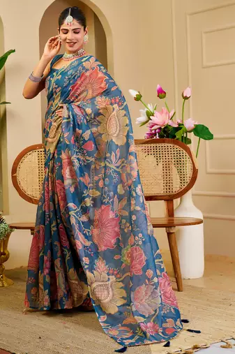 blue shimmer handloom cotton blend saree with floral bouquet print