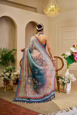 grey blue shimmer handloom cotton blend saree ombre floral border print (sfshmr2) 5
