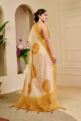 cream mustard shimmer handloom cotton blend digital print saree (sfshmr18) 5