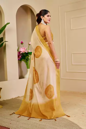 cream mustard shimmer handloom cotton blend digital print saree