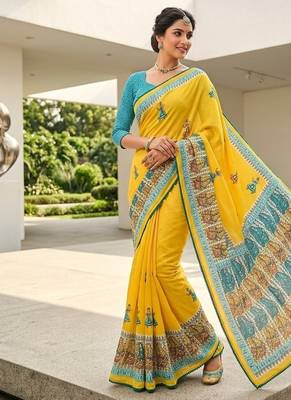  New Printed Georgette Yellow Color Mirror Work Saree With Blouse Set For Women's 1