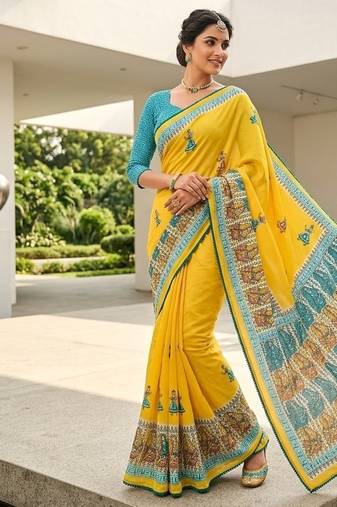  New Printed Georgette Yellow Color Mirror Work Saree With Blouse Set For Women's