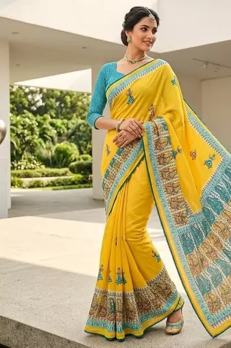  New Printed Georgette Yellow Color Mirror Work Saree With Blouse Set For Women's