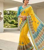 New Printed Georgette Yellow Color Mirror Work Saree With Blouse Set For Women's