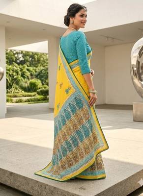  New Printed Georgette Yellow Color Mirror Work Saree With Blouse Set For Women's 2