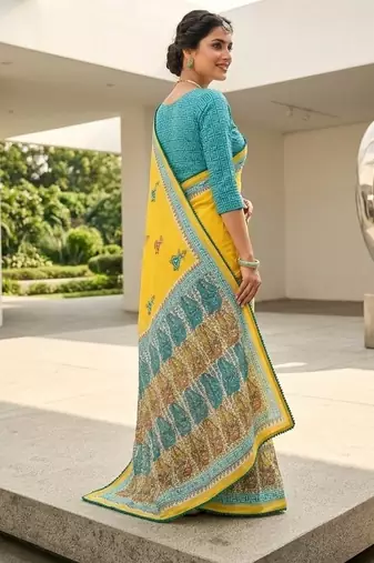  New Printed Georgette Yellow Color Mirror Work Saree With Blouse Set For Women's